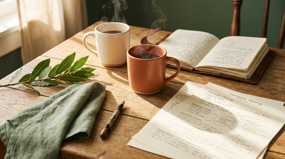 Two ceramic cups of tea on a worn oak table beside two open notebooks, with a sage napkin and sprig of laurel — a partnership moment