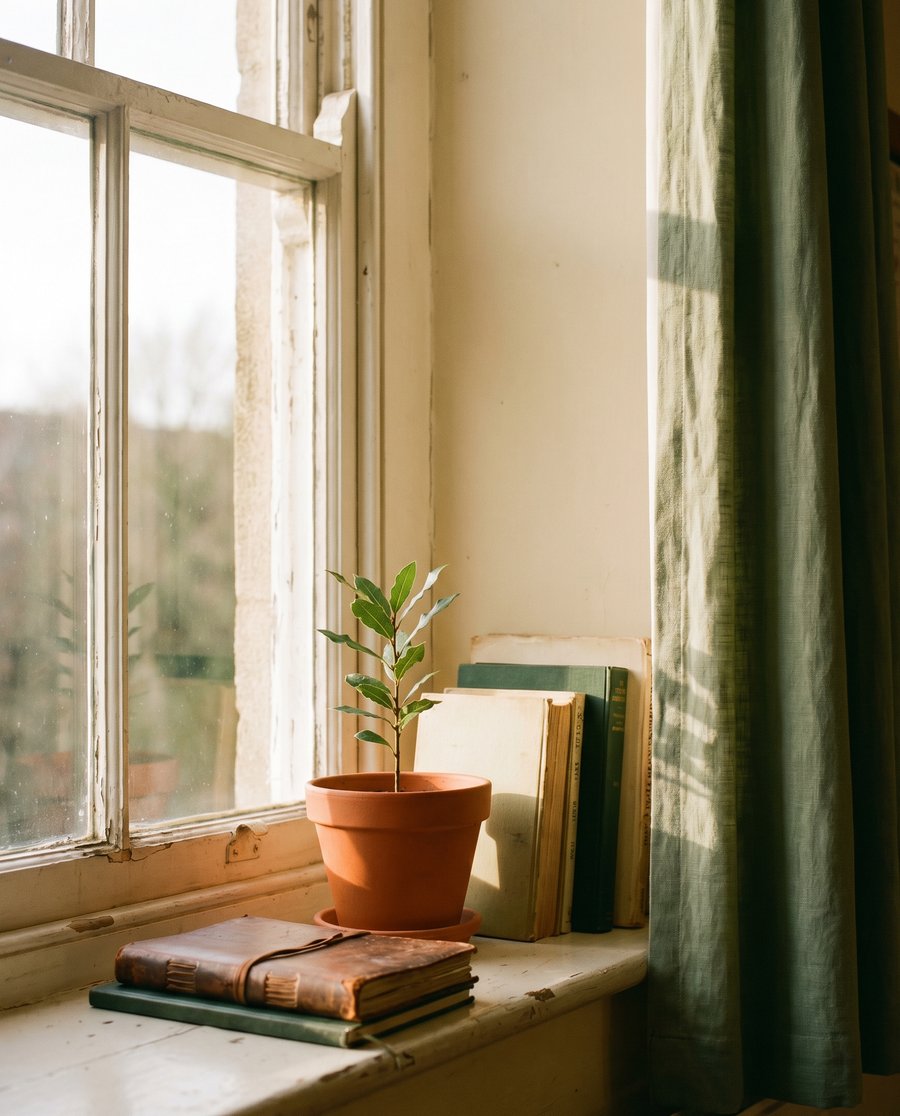 A young laurel sapling in a terracotta pot on a wooden Welsh schoolroom windowsill, warm afternoon light through tall sash windows