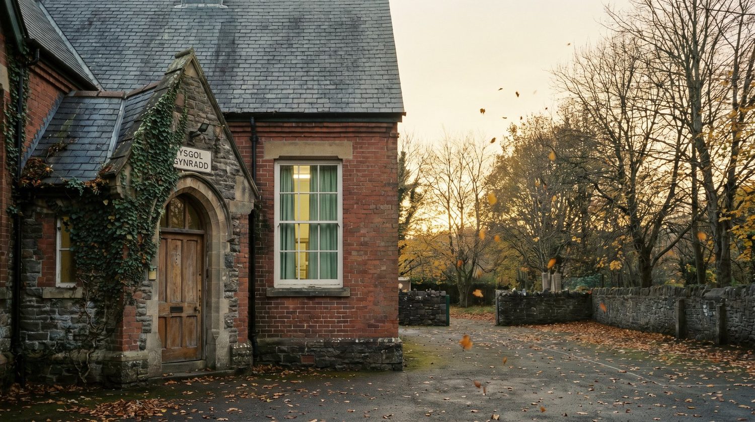 The exterior of a small traditional Welsh primary school in late afternoon light, with autumn leaves falling across an empty playground