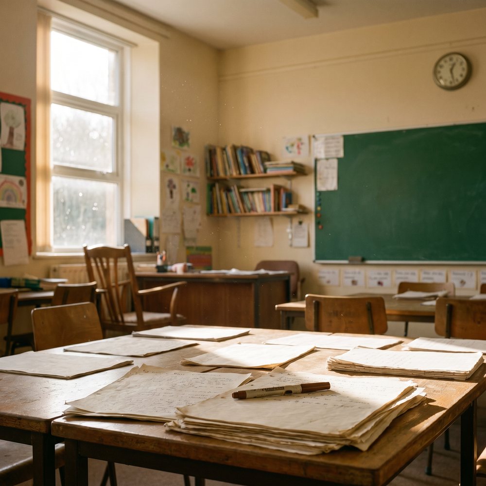 An empty Welsh primary classroom with handwritten worksheets stacked on a wooden table in afternoon light