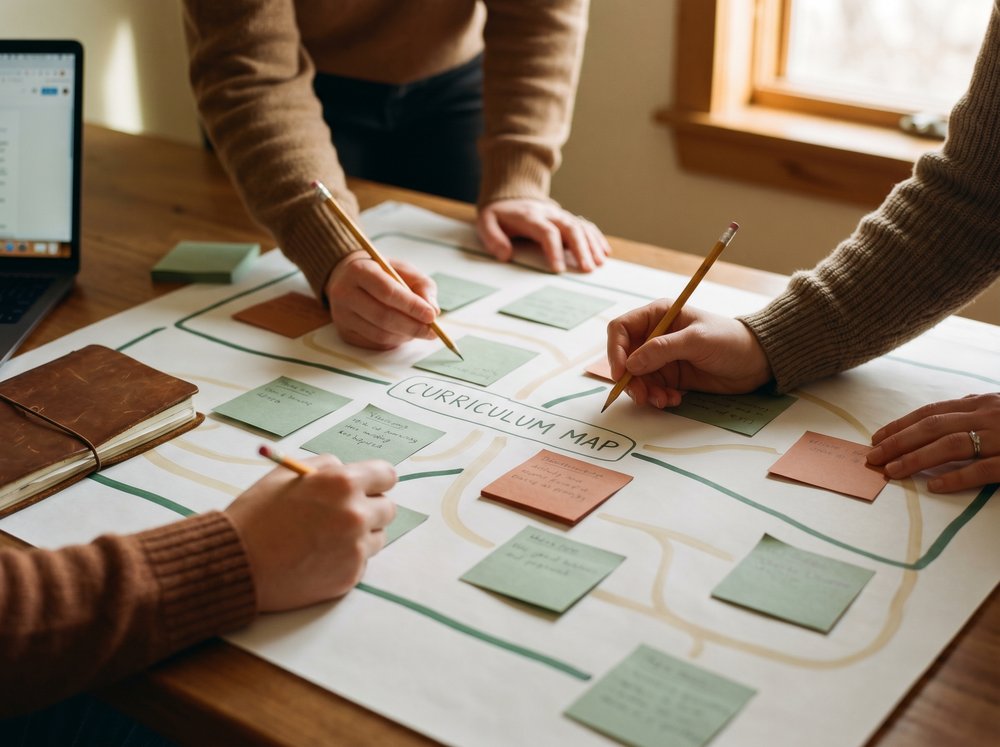 Two pairs of hands working together over a hand-drawn curriculum map with sage and terracotta sticky notes